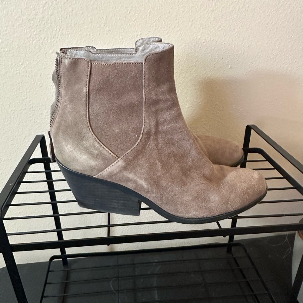 Eileen Fisher Taupe Suede Ankle Boots with Low Block Heel